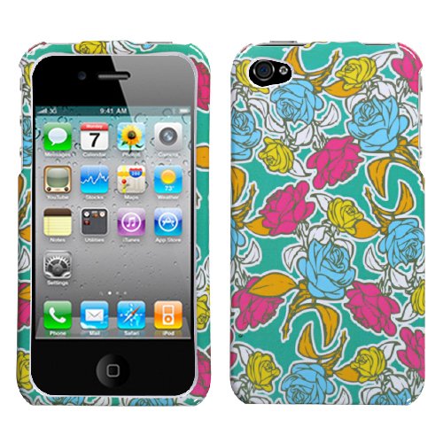 APPLE IPHONE 4 4G GREEN AND COLORFUL FLOWER ROSE GARDEN DESIGN HARD CASE COVER