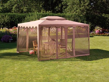 Living Accents Gazebo with Mosquito Netting, Taupe 10′ X 12′ X 9-3/4′