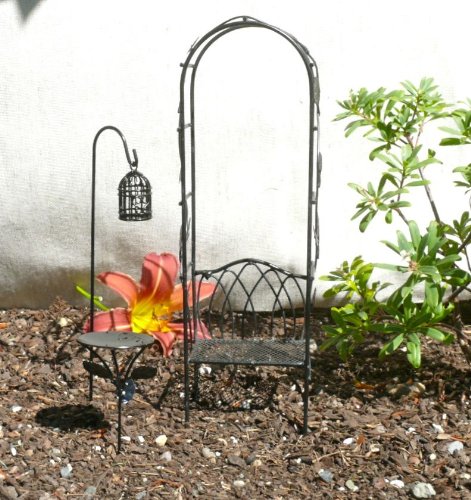 Fairy Garden Outdoor Furniture set – Bird Bath, Bird House and Arbor with Bench – All Metal