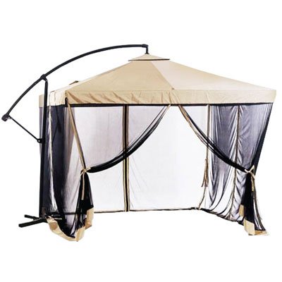 Offset Tan Patio Umbrella Instant Gazebo with Mesh Netting