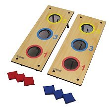 Triumph #35-7071 is a 2 in 1 3 Hole Bag Toss and Washer Toss Game in Black and Natural Wood Color
