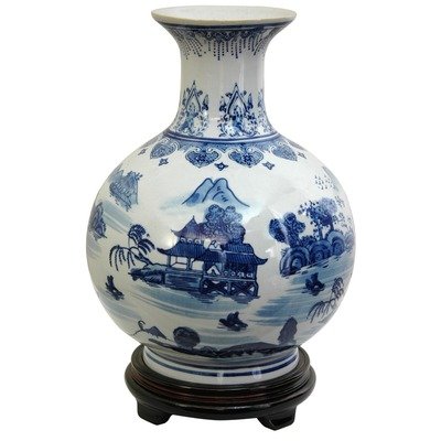 Oriental Furniture Unique Elegant Gift Ideas, 14-Inch Chinese Blue and White Porcelain Bottle Vase, Landscape Design