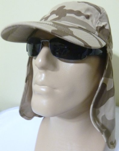 Safari CAP Desert Camo Camouflage Tan/ Khaki/ Dark Beige and Brown Colors, Cotton Blend Fabric with Long Neck and Ear Protection and One Size Fits Most men and Women with Adjustable Bungee Strap, protection for Fishing, Walking, Hiking, Running, Yardwork, Construction Work, Landscaping, Gardening or at the Beach, Light Colored Outdoor Protects Head, Face, Neck and Ears from Harmful UV Rays of Sun