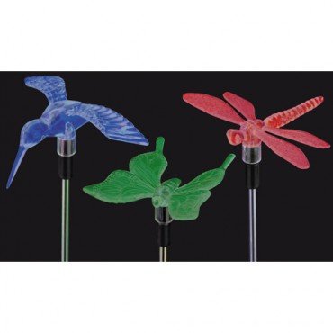 3 Piece Decorative Solar LED Light Set (Hummingbird, Butterfly and Dragonfly) with Constantly Changing Colors (Red, Green, Blue)