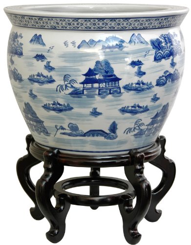 Oriental Furniture Elegant Oriental Accent, 12-Inch Fine Chinese Porcelain Fishbowl, Ming Blue and White Oriental Landscape Design