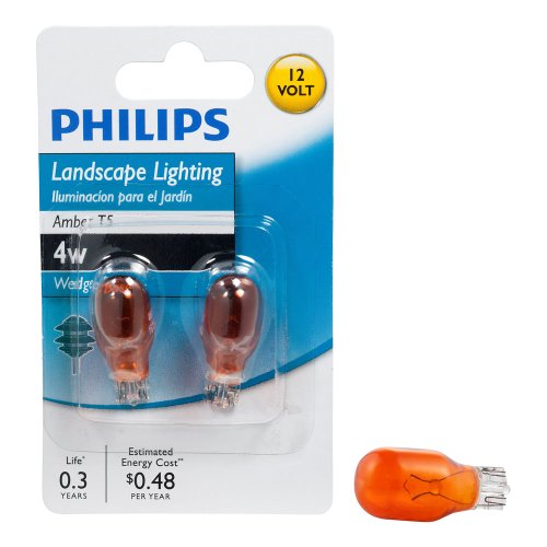 Philips 416073 Landscape Lighting 4-Watt T5 12-Volt Amber Wedge Base Light Bulb, 2-Pack