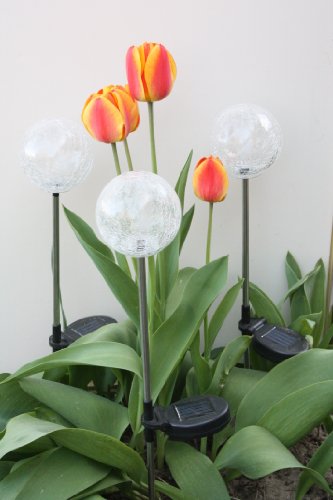 LED Crackle-glass Ball Solar Stake Lights, Set of 3 From Solar Garden Goddess. Perfect for Outdoor Party, Patio, Garden and Landscape Lighting, Eco-friendly, 8 Hour Illumination At Night with Color-changing After Full Sun Charge, Rechargeable Battery