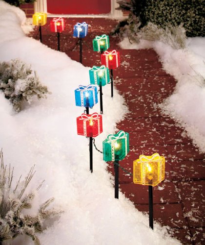KNLSTORE 2D Set of 10 Multi Gift Present Box Candle Path Lights Holiday Decor Driveway Pathway Christmas Lighted Yard Garden Stakes Outdoor Decoration