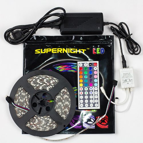 SUPERNIGHT 16.4ft 5M Waterproof Flexible strip 300leds Color Changing RGB SMD5050 LED Light Strip Kit RGB 5M +44Key Remote+12V 5A Power Supply