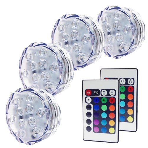 Lot of 4 RGB Submersible LED Lights – Battery Powered LED Accent Lights w/ 2 IR Remotes for Wedding, Centerpiece, Halloween, Party Lights