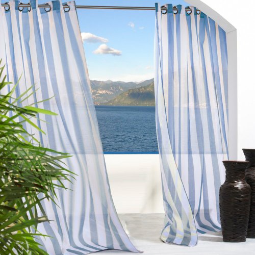 Outdoor Decor Escape Stripe Grommet Top Curtain Panel-Blue, 54 x 96″