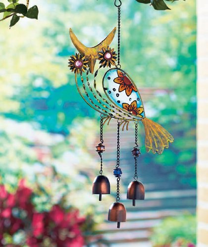 KNLSTORE Country Wise Owl Whimsical Glass Wind Chime Bells Colorful Outdoor Decor Chiming Twinkling Sounds Windchime Hanging Porch Tree Decoration