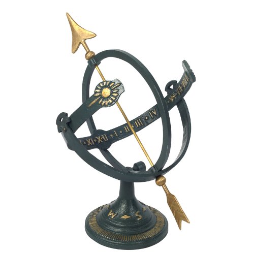 Rome 1339 Cast Iron Armillary Sundial, Iron with Brass Arrow, 17-Inch Height by 11-Inch Wide Diameter