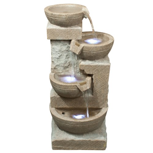 White Sand Bowl Fountain: Outdoor Water Feature for Gardens & Patios. Weather Resistant Resin. Includes LED Lights & Pump.