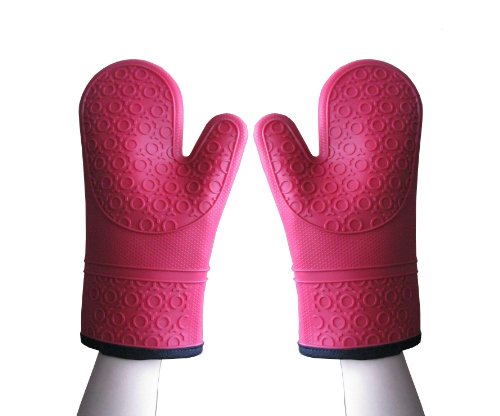 Kitchen Haven Silicone Oven Mitts and Heat Resistant Cooking Gloves | Red Pair of Cute Oven Gloves | Food Safe, Perfect for Kitchen Cooking and Barbecue Grills | Quilted Lining for Comfort and Extra Insulation to Protect Your Hands from Heat and Freezing Cold | Double Sided for Both Hands | Best Guarantee and You Get BONUS Silicone Basting Pastry Brush