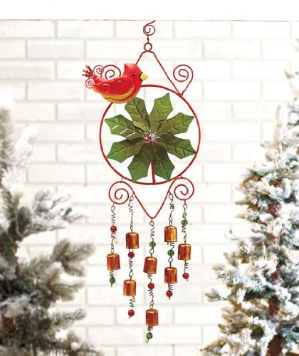 Red Cardinal Bird Holly Ivy Leaves Tree Hanging Windchime Bell Yard Decor Festive Garden Metal Red Wind Chime Christmas Holiday Outdoor Decoration