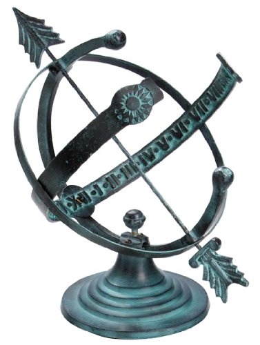 Rome 1332 Aluminum Armillary Sundial, Cast Aluminum with Distressed Verdigris Finish, 14-Inch Height by 11-Inch Wide Time Band