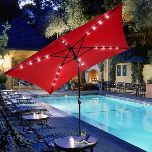 10×6.5ft Rectangle Outdoor Patio Beach Market Aluminium Umbrella Sun Shade Solar Powered Led Light Crank Tilt (Red)