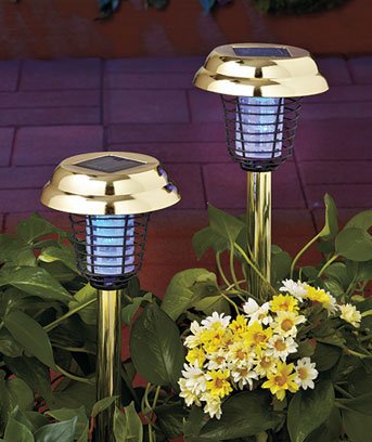 2-IN-1 SOLAR STAKE LIGHTS & FLYING INSECT / MOSQUITO ZAPPER – BRASS FINISH – SET OF 2