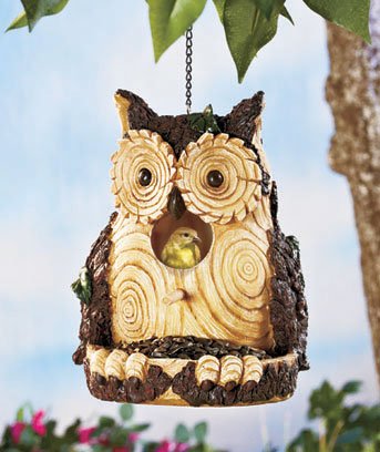 Owl Carved Wood Look Birdhouse and Feeder