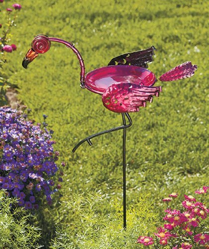 Metal & Glass Tropical Florida Flamingo Pink Bird Seed Feed Birdbath Yard Stake Garden Decor Outdoor Art Display