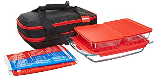 Pyrex Portable 9-Piece Double Decker Set, includes 1-ea 3-qt Easy GrabOblong,Red Plastic Cover, Black Carrier, Large Unipack, 2-ea 6-cupRectangle Storage Dishes