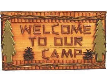 Hand-crafted “Welcome to Our Camp” Welcome Sign Plaque with Green Pine Trees (Made of Wood) 18″