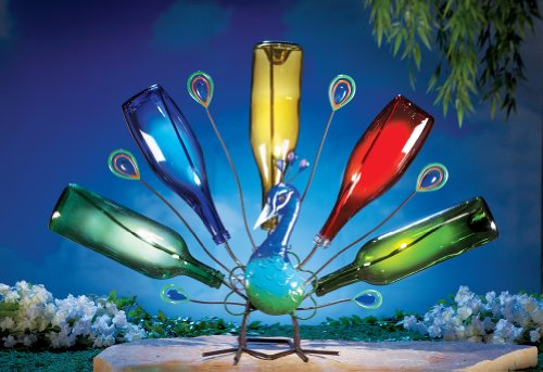 Solar Powered LED Lighted Wine Bottle Holder Garden Decor Peacock Bird Metal Outdoor Yard Decoration Display