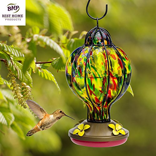 Glass Hummingbird Feeder – HAND-BLOWN Feeders – Stylish, Premium & Unique – Holds 4.5 ounces of Nectar – Tiffany Treat – Rave Reviews – 100% MONEY BACK GUARANTEE (by Best Home Products)