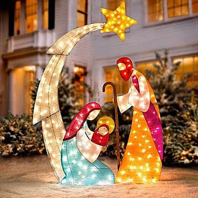 KNLSTORE 6ft Tall Christmas Lighted Nativity Scene Display w/ Holy Family Mary Joseph Baby Jesus Star of Bethlehem Clear Lights Decor Tinsel Outdoor Holiday Yard Decoration