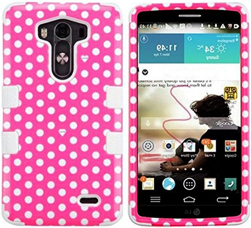 myLife Hot Pink + Frost White {Polka Dot Design} Dual Layered 3 Piece Case for the LG G3 Smartphone (2 Piece Outer Rubberized Snap On Protector Shell + Internal Silicone SECURE-Grip Bumper Gel)