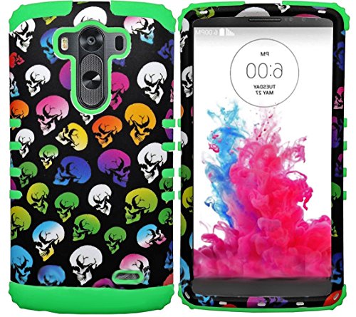 myLife Black + Lime Green Bumper {Colorful Skull Design} Dual Layered 3 Piece Case for the LG G3 Smartphone (2 Piece Outer Rubberized Snap On Protector Shell + Internal Silicone SECURE-Grip Bumper Gel)