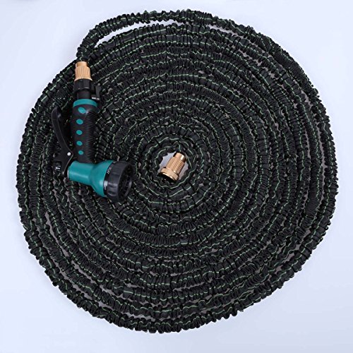 100 ft Expandable Flexible Garden Water Hose With Spray Nozzle Head — High class fabric wrapper & Aluminum connector — High Quality Double Layer Latex hose, antiwear, ultraviolet-proof — The Shrinking Garden Hose is Collapsible