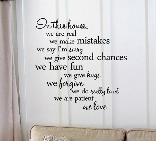 In this house…we are real we make mistakes we say I’m sorry we give second chances we have fun we give hugs we forgive we do really loud we are patient we love. Vinyl wall art Inspirational quotes and saying home decor decal sticker