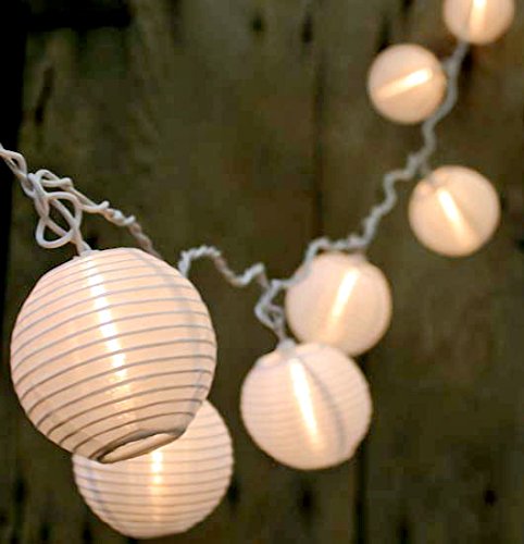 Qualizzi® Set of 10 Warm White Chinese Lantern String Lights for Patio 10.86ft Long – Mini Oriental Nylon Round Lanterns Indoor / Outdoor Plug-in Connectable & Expandable up to 162 Ft / 150 Lights