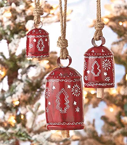 Set of 3 Red Winter Holiday Harmony Bells Wind Chime Garden Decor