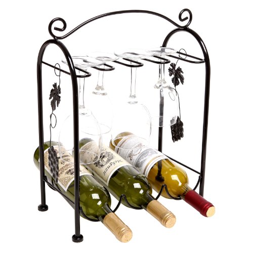 Grape Arbor Style Tabletop 3 Wine Bottles / 5 Wine Glasses Metal Wine Organizer Storage Rack w/ Top Handle – Black