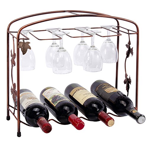 Classic Grape Arbor Style 4 Wine Bottles / 8 Wine Glasses Bronze Metal Wine Storage Rack