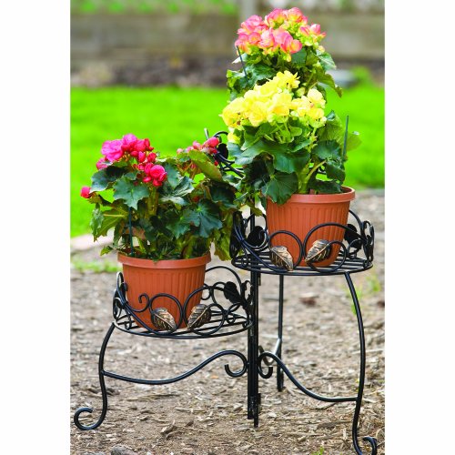 Panacea Products 3-Tiered Folding Scroll  and  Ivy Plant Stand Black with Brushed Bronze Leaves