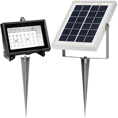 MicroSolar – Lithium Battery – 28 LED Solar Outdoor Floodlight — Automatically Working from Dusk to Dawn at Good Sunshine // with Wall Mounted Brackets // with Ground Mounted Stakes
