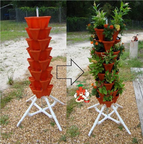 Vertical Gardening Tiered Tower – Indoor Outdoor Backyard PVC Plant Stands and Pots – Tall Standing Pot Plant Holder – Sturdy Stacking Pots Stand for Poincetta Herbs Strawberries Flowers Peppers and Vegetables