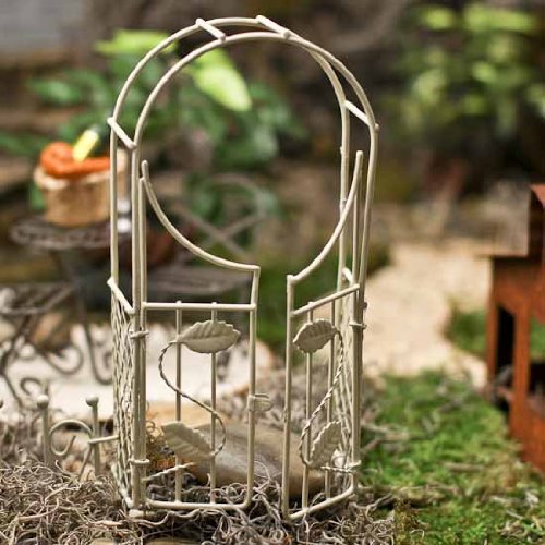 Vintage Look Antique White Garden Arch with Movable Gate Opening for Fairy Gardens or Gnome Villages
