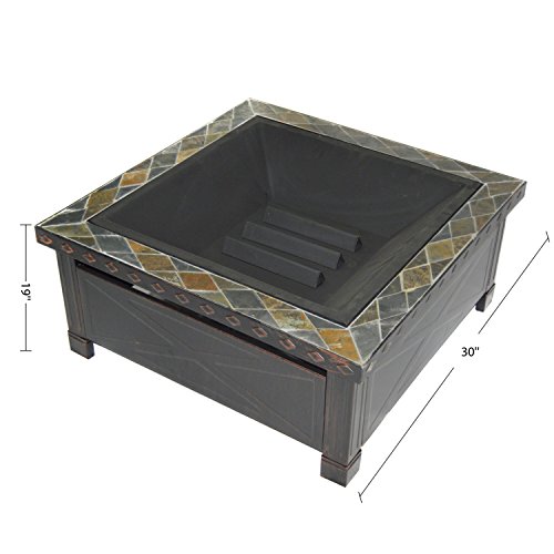 HIO 30-Inch Wood Burning Fire Pit with Square Slate Top Cover Included For Backyard And Patio