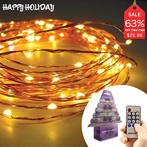 Homestarry® String Lights -120 Warm White LED’s on a Flexible Copper Wire 20 Ft – Perfect for interior or patio environments. Add romantic light to your Bedroom, accent artwork in your Living Room or scatter on bushes and trees around your Patio. Remote Control feature easily regulates your lighting-40,000 hours of lighting.