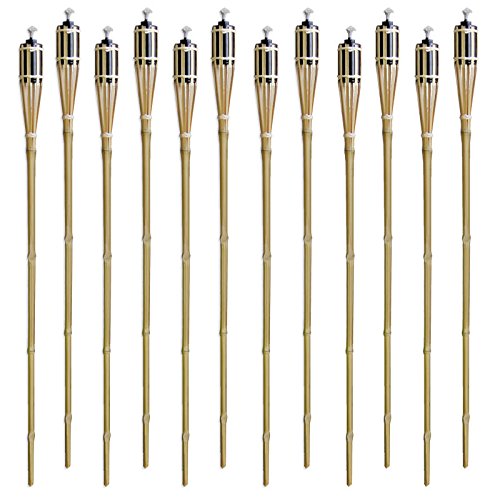 Set of 12 Bamboo Tiki-Style Torches – 48″ Length – Metal Oil Canister