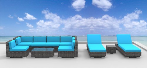 Urban Furnishing – IBIZA 10pc Modern Outdoor Backyard Wicker Rattan Patio Furniture Sofa Sectional Couch Set – Sea Blue