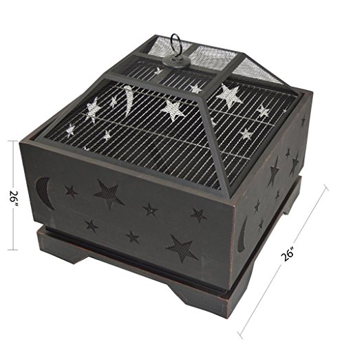 HIO Extra Deep Wood Burning Stars & Moons Fire Pit With Cover,26-Inch For Backyard And Patio