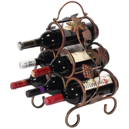 Classy Vineyard Grape Arbor Design Bronze Tone Metal 6 Bottle Pyramid Wine Rack Storage Display Organizer