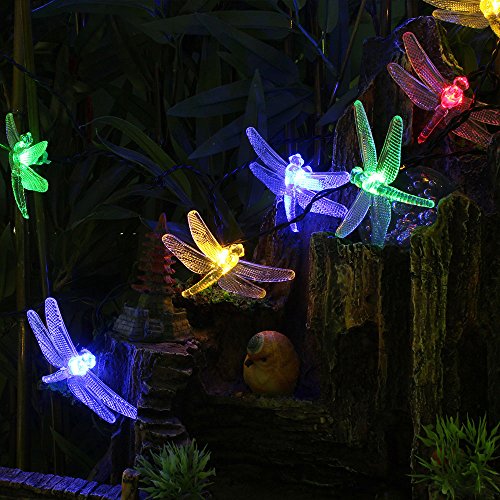 GRDE™ 16.4 Ft 20 LED Solar Powered Outdoor Decorative Lights Dragonfly Shape Translucent Covers Fairy String Lights for Christmas Wedding Birthday Festival Party Garden Patio Lawn Fence Yard Porch (Multicolor)