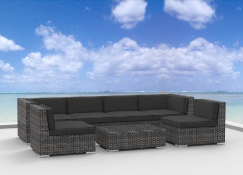 Urban Furnishing – OAHU 7pc Modern Outdoor Backyard Wicker Rattan Patio Furniture Sofa Sectional Couch Set – Charcoal